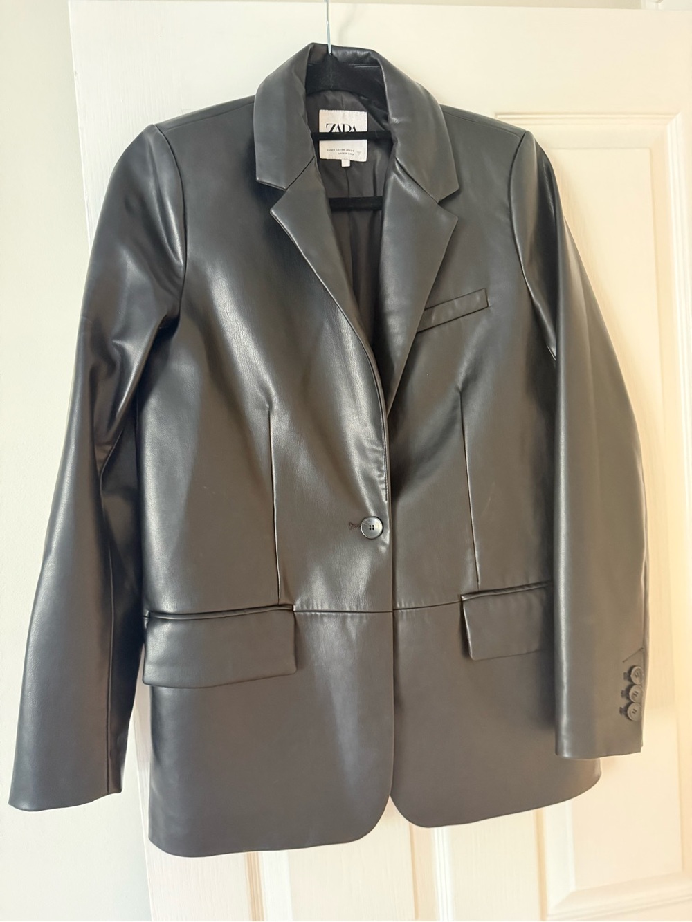 Zara Black Faux Leather Single-Button Blazer